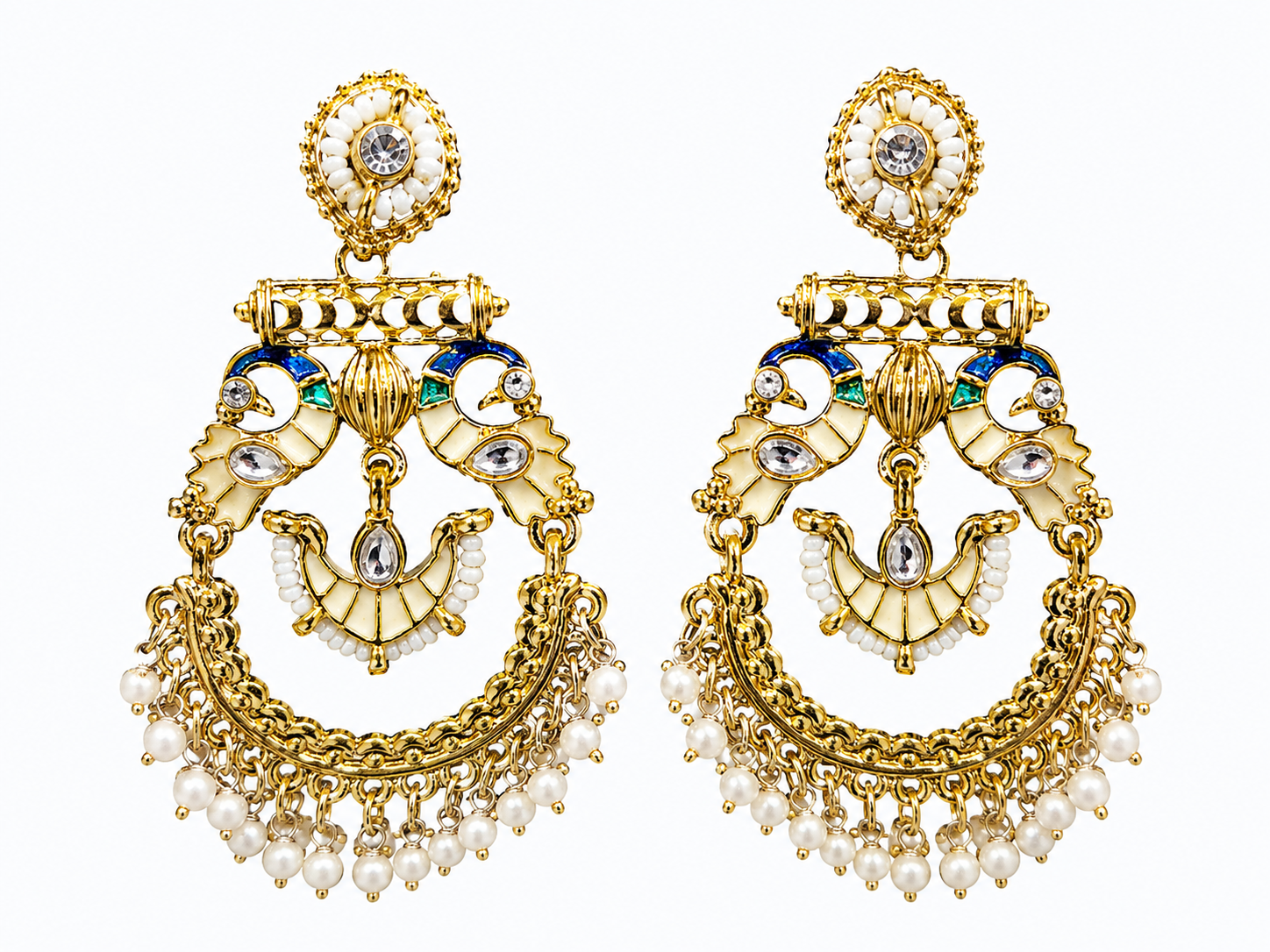Ornate Gold Peacock Chandelier Earrings with Pearls - Wholesale